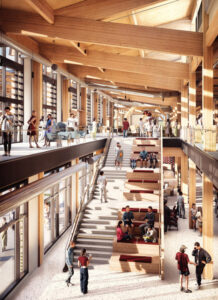 Inside rendering of the Aplin Center showing two floors of dynamic space.