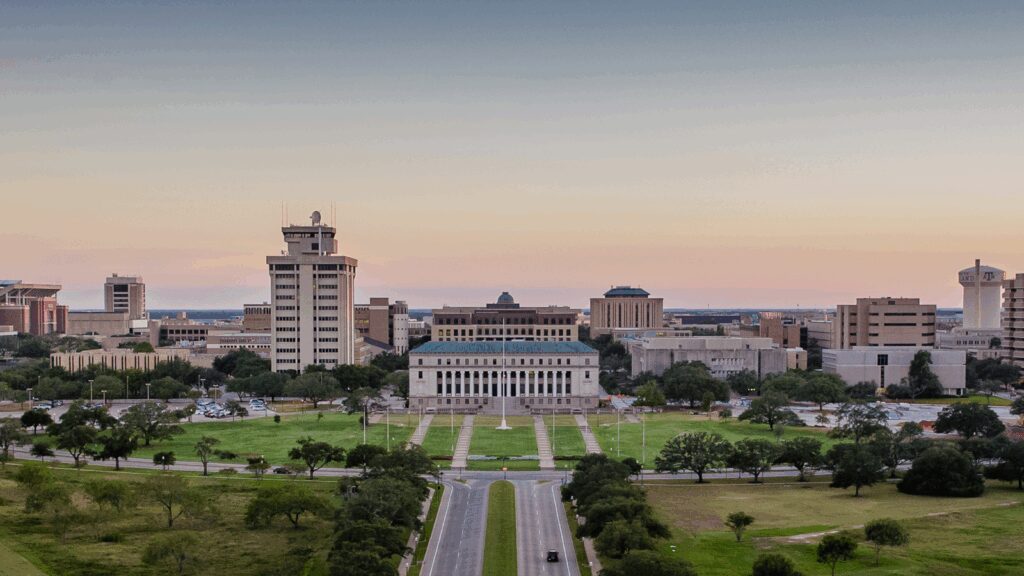 Texas A&M aerial view of the front of campus