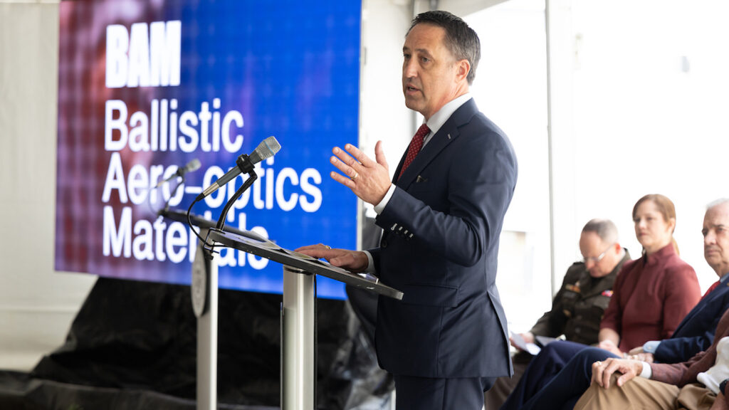 Glenn Hegar speaks at a podium