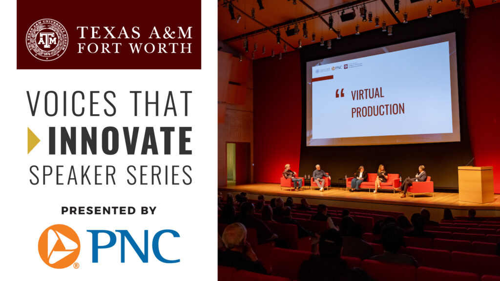 speakers sit on stage talking during a speaker series event