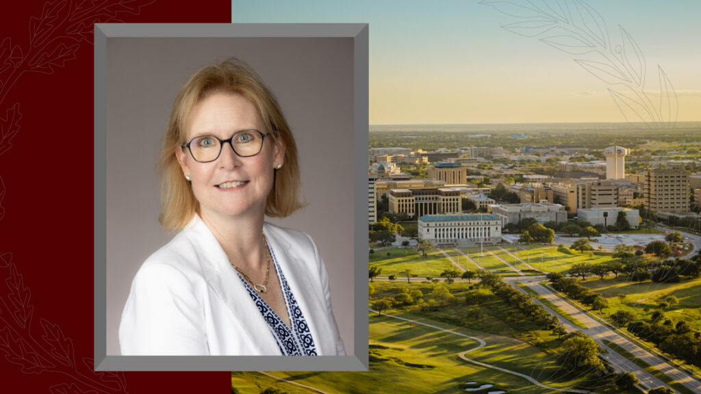 Photo of Dr. Ballabina with an aerial photo of the Texas A&M campus on the right behind her photo.