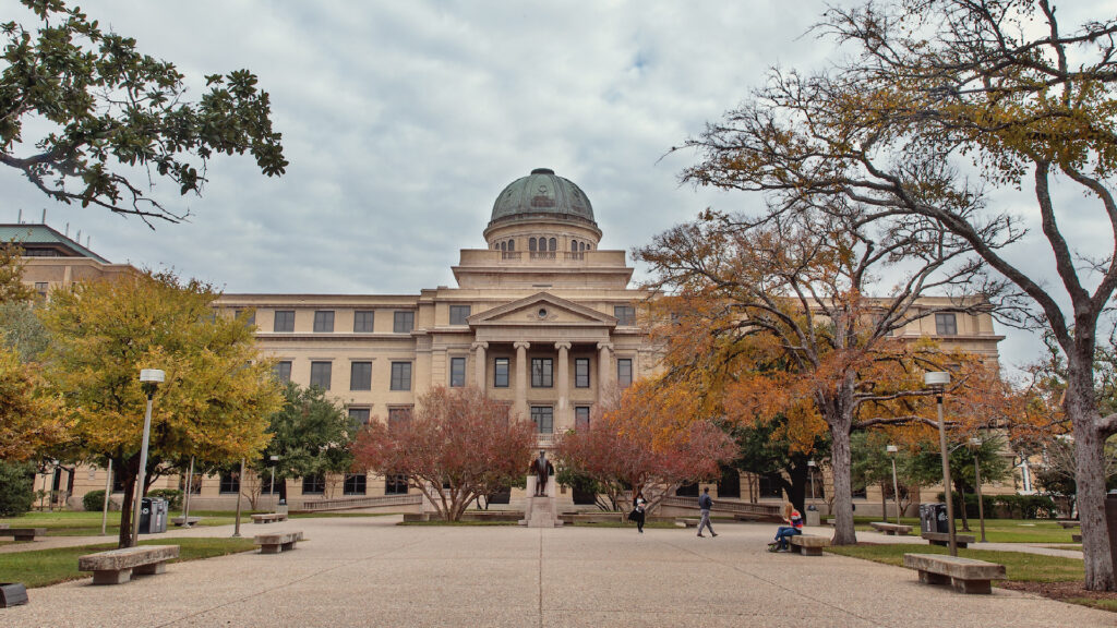 Front view of the academic building on campus at Texas A&M University
