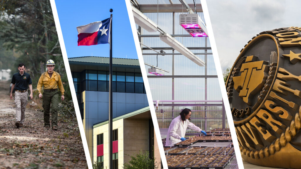 A collage of photos including first responders, the Texas state flag on a pole, lab work being done by a person in a lab coat, and a close up of the Tarleton State ring