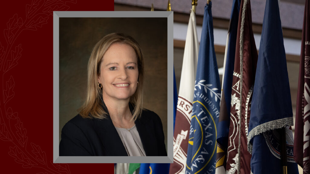 A photo of Tracy Foster with a closeup of flags behind the photo on the right.