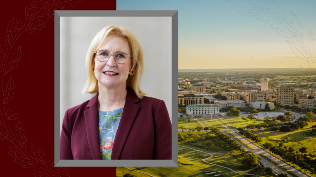 Dr. Susan Ballabina is pictured left with an aerial photo of the campus of Texas A&M University on the right