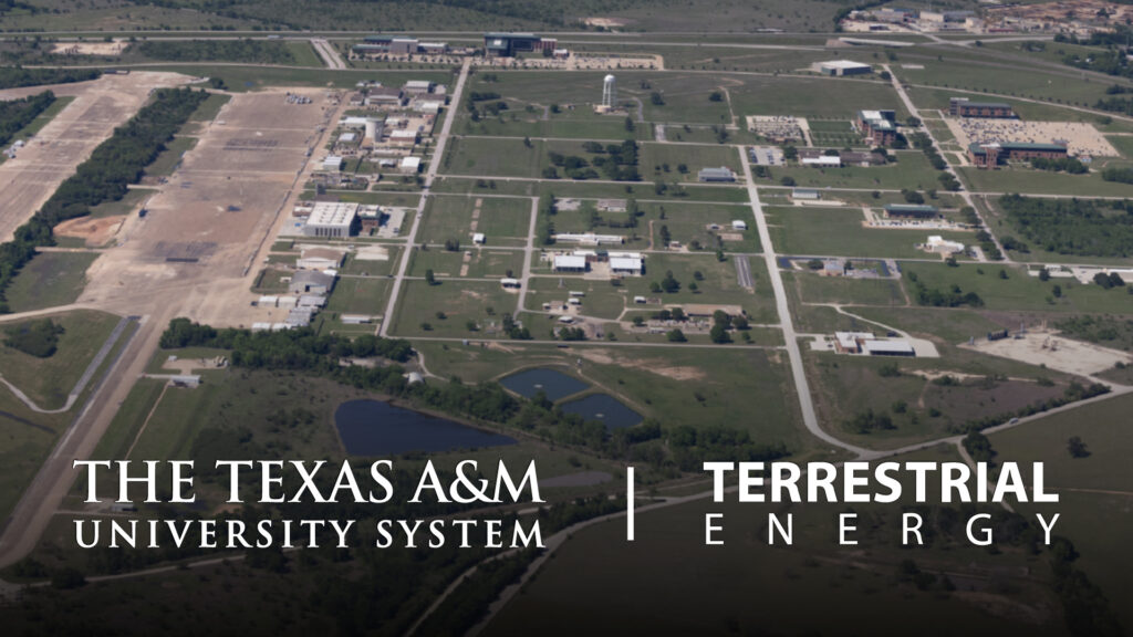 Aerial view of the Rellis campus with the Texas A&M University System word mark and the word mark for Terrestrial Energy placed at the bottom of the photo.