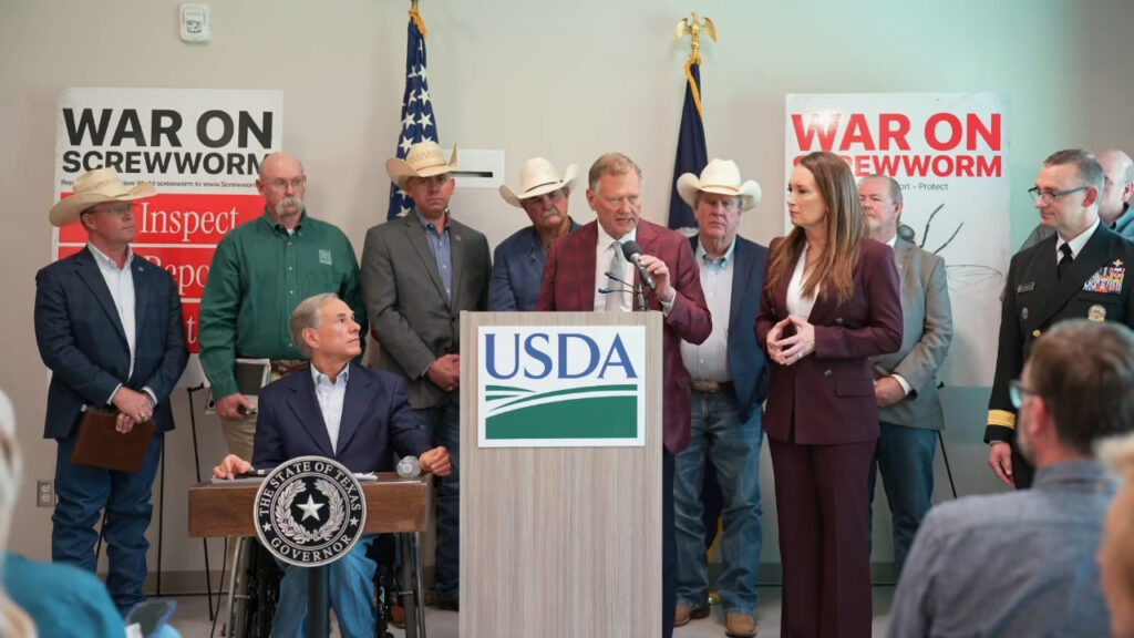 Texas A&M System Regent John Bellinger speaks during a USDA press conference on New World screwworm preparedness alongside U.S. Secretary of Agriculture Brooke Rollins, Texas Gov. Greg Abbott and other officials.