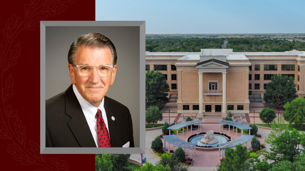 Dr. Walter Wendler headshot on the left with an aerial photo of the West Texas A&M University campus on the right.