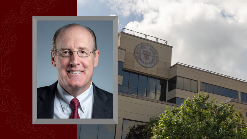Professional headshot of John A. Barton displayed alongside the Moore/Connally Building, headquarters of The Texas A&M University System, in College Station, Texas.