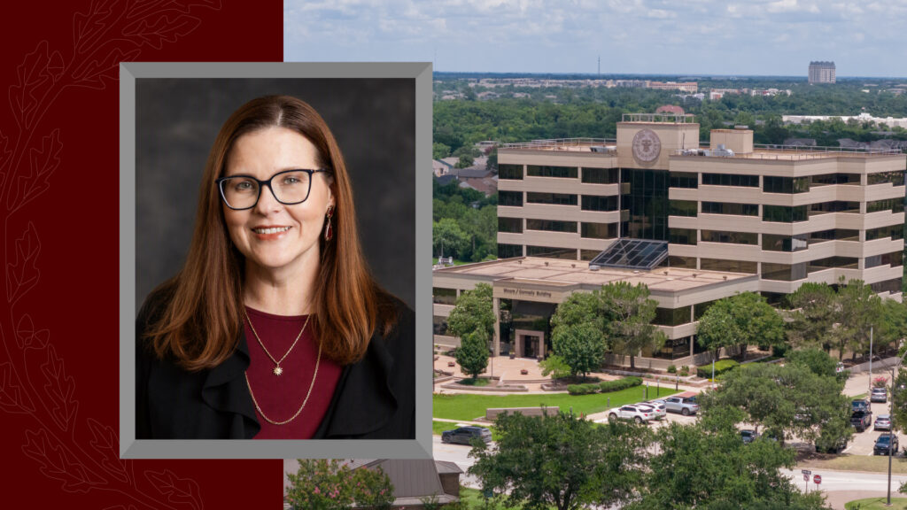 Professional portrait of a university administrator alongside an exterior view of the Texas A&M University System's Moore/Connally Building